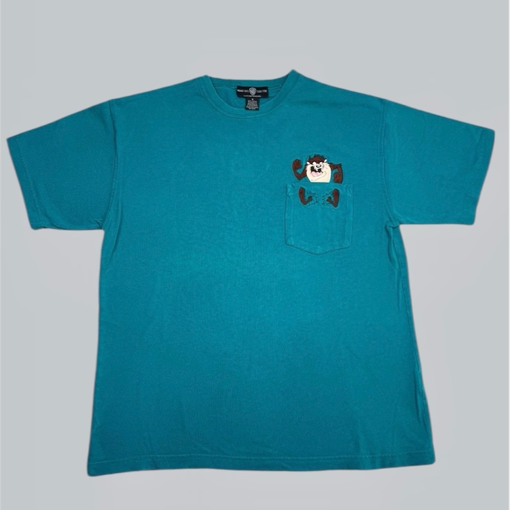 Vtg 1995‎ Warner Bros Tasmanian Devil Embroidered Pocket Tee Shirt Medium